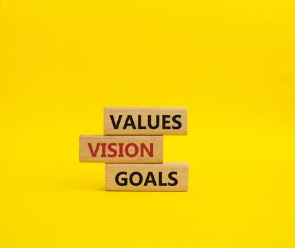 Values Vision Goals symbol. Concept words Values Vision Goals on wooden blo.. Stockfoto's