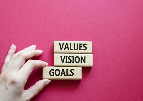 Values Vision Goals symbol. Concept words Values Vision Goals on wooden blo.. Stockfoto's