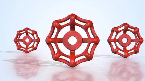 Valve Handwheels on a Light Reflective Floor. Metal Valve Handle 3D. 4K Stock Footage 304881136
