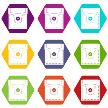 Valve pocket with button icon set color hexahedron Illustrazione stock