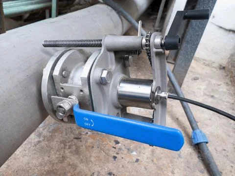 Valve with remote control and data cable for flow meter. Drain pipe. Stock Photos