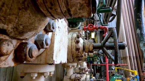 Valves on drilling rig. Pipelines, drilli. Old rusty pipelines with valves Stock Footage 236176109