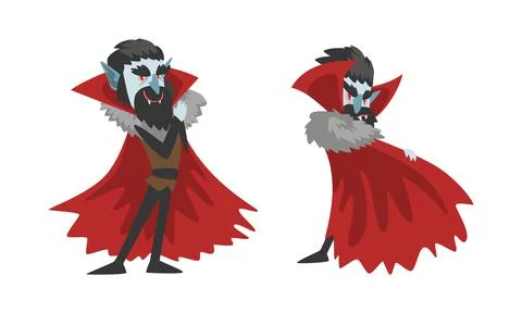 Vampire in Actions Set, Count Dracula Character Wearing Black and Red Cape Stock Illustration