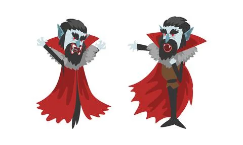 Vampire in Actions Set, Count Dracula Character Wearing Black and Red Cape Illustrazione stock
