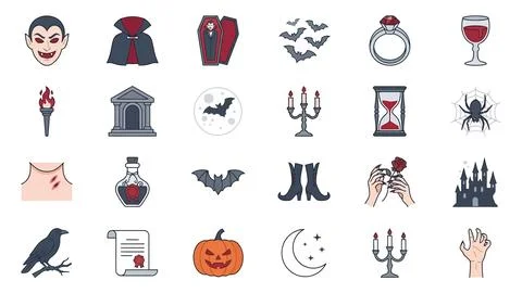 Vampire and gothic halloween flat vector icon collection in muted tones Stock Illustration