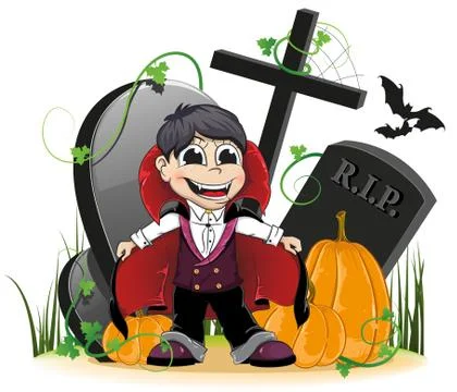 Vampire and pumpkins on the cemetery Stock Illustration