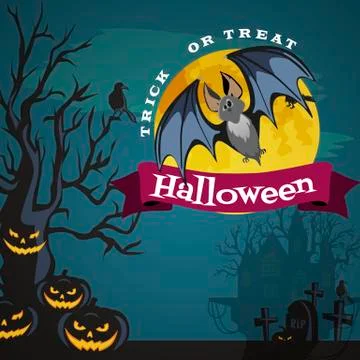 Vampire bat flying on the full moon on cemetery with horror pumpkin and dracula Stock Illustration