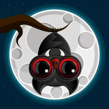 Vampire bat hanging from a spooky tree with a full moon in the background Stock Illustration