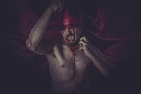 Vampire with big teeth and blood in the neck Stock Illustration