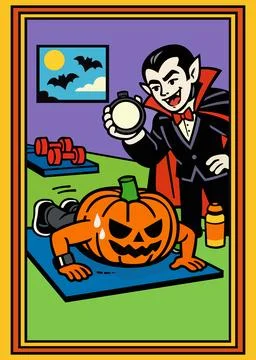 Vampire coaching a pumpkin doing pushups in a gym Stock Illustration
