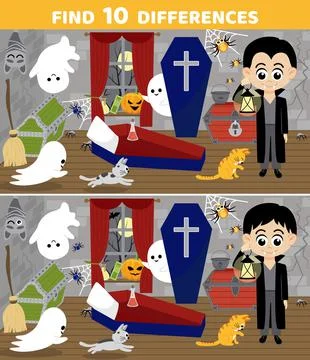 Vampire. Find 10 differences. Halloween game. Flat, cartoon, vector Illustrazione stock