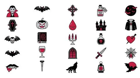 Vampire gothic elements vector icon set in red black and white colors Иллюстрация