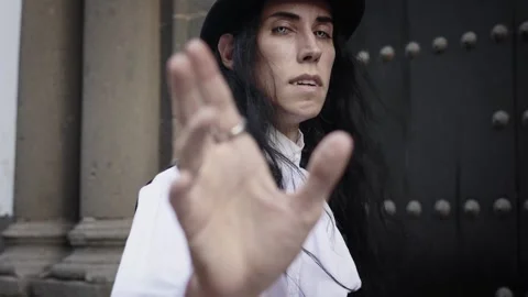 Vampire gothic seducer androgynous androgynous long black hair Stock Footage 284843992