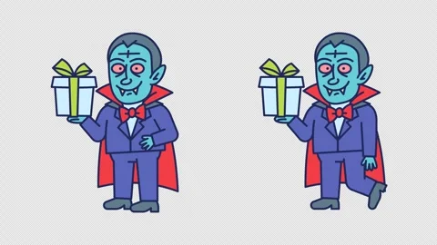 Vampire holding gift box and walks. Transparent background Stock Footage 346635002