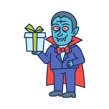 Vampire holding gift box and smiles. Character Stock Illustration