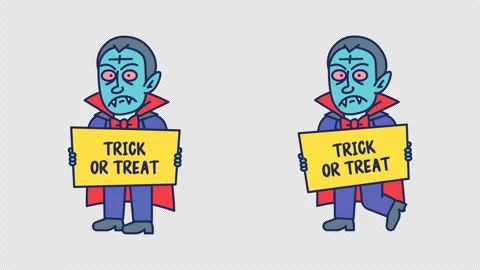 Vampire holding sign that says trick or treat and walks. Transparent backgrou Stock Footage 346635680