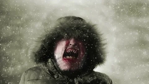 A vampire on the hunt. Winter. The face under the hood. Old film. Stock Footage 232194617