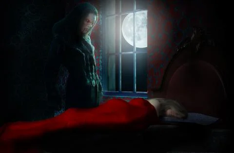 A vampire or demon stands by the window and looks at the sleeping woman 库存插图