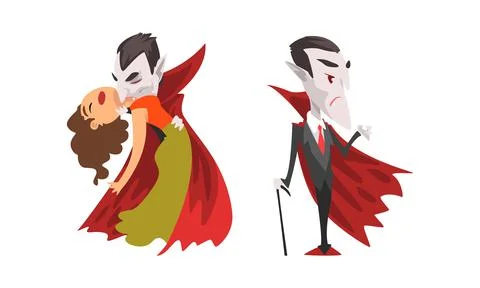 Vampire Set, Count Dracula Character Wearing Black and Red Cape, Happy Halloween Stock Illustration
