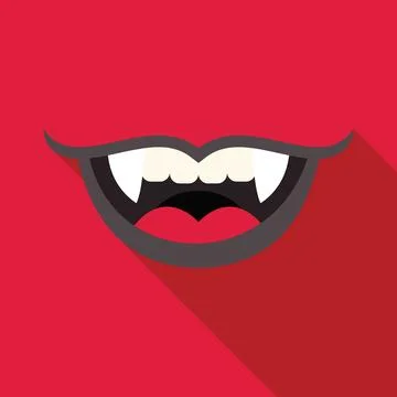 Vampire showing fangs with red lips on red background Illustrazione stock