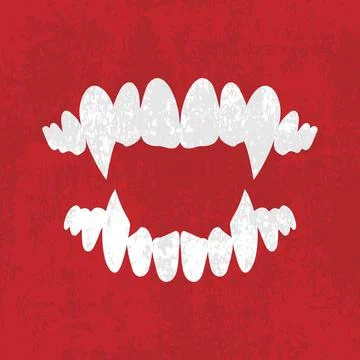 Vampire teeth with long sharp fangs isolated on grunge textured red background Illustrazione stock