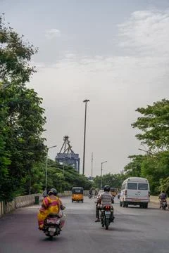 A van is also on the road. in Chennai Stockfoto's