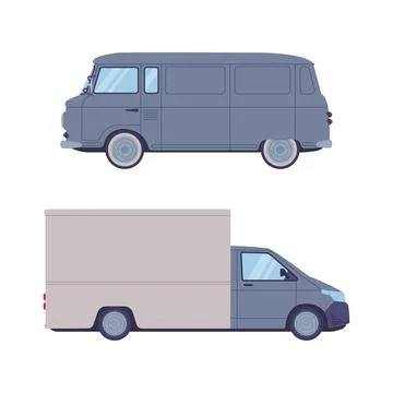 Van and truck set. Side view of delivery cargo trucks cartoon vector Illustrazione stock