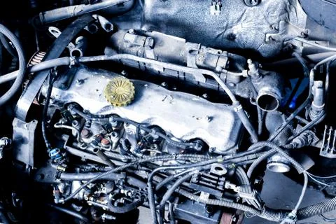 Van auto disassembled engine in mechanical workshop Stock Photos