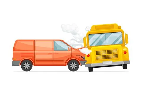 Van car collided with yellow school bus. Car insurance case vector illustration Stock Illustration