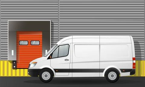 Van cargo van at the gate of a warehouse logistics center, close-up. Stock Illustration