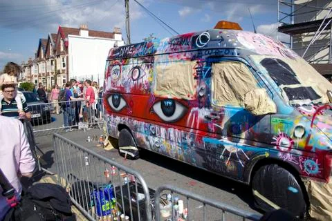 Van covered in graffiti artwork. Stock Photos