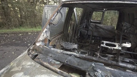 Van destroyed in a car fire Stock Footage 84223873