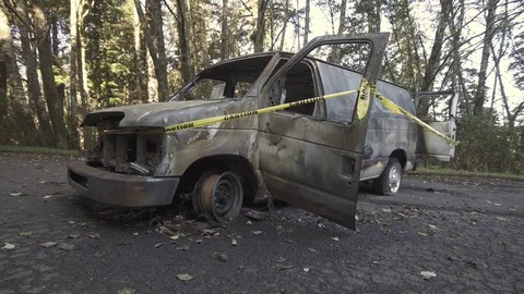 Van destroyed in a car fire Stock Footage 84223927
