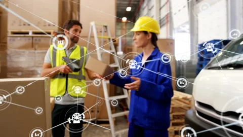 Van docking starting inspector walking while scanner operator scanning parcels Stock Footage 331026909