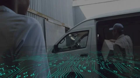 Van door opening worker lifting box and stepping for dock handoff circuit Stock Footage 323270390