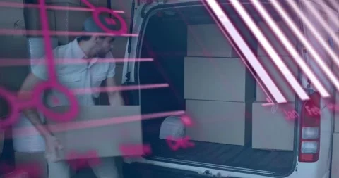 Van doors opening, delivery worker loading boxes for delivery while pink charts Video stock 334115773