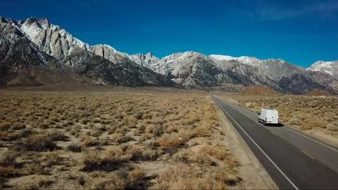 Van Driving Toward Eastern Sierra Mountain Stock Photos