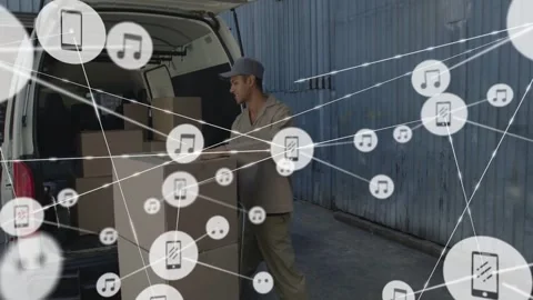 Van hatch opening driver staging boxes for delivery while overlay growing with Stock Footage 331063033