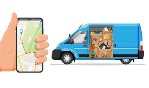Van with household items, smartphone with map. Stock Illustration