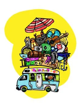 Van with many things for camping on top of the roof Stock Illustration