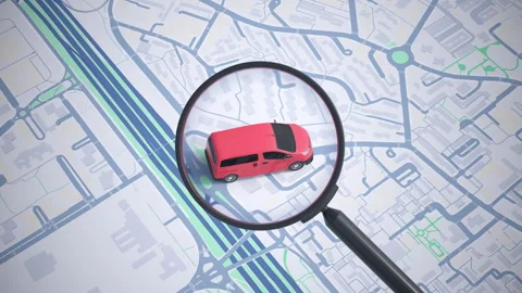 Van moving across a 2D map, tracked by a magnifying glass. Vídeos de archivo 336395082