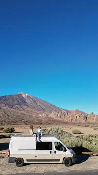 Van Parked on Side of Road in Drone View of Teide Volcano Mountain, Tenerife Stockfoto's