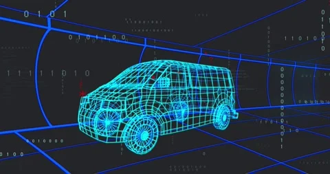 Van staying static, binary and red symbols drifting, namespace sweeping, code Stock Footage 320088965
