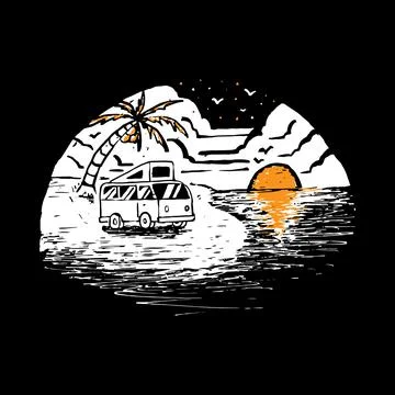 Van Summer Beach Hand drawn Graphic Illustration Vector Art T-shirt Design Stock Illustration
