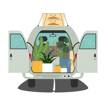 Van trunk is open and full of houseplants and land. Automobile has monstera, Stock Illustration