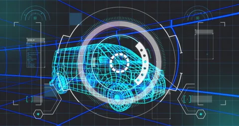 Van wireframe appearing with HUD assembling gauges, panels updating values Stock Footage 311084431