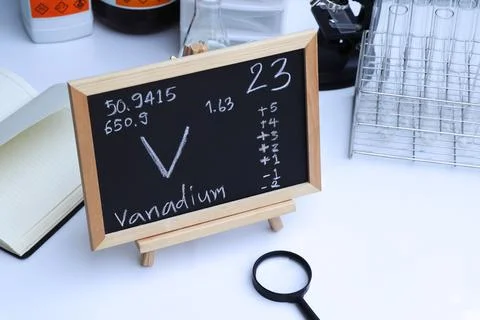 Vanadium and symbol structural formula chemical on the blackboard Stock Photos