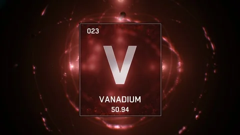 Vanadium as Element 23 of the Periodic Table 3D animation on red background Stock-Footage 119394217