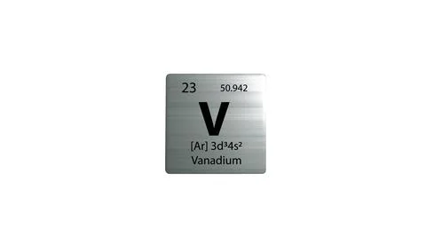 Vanadium element on a metal periodic table on white background. 3D rendered.. Stock Illustration