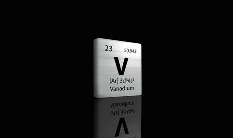 Vanadium element on a metal periodic table on dark background. 3D rendered .. Illustrazione stock